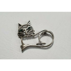 Vintage Signed L Razza Silvertone Cat Kitty Kitten Green Eyes Brooch Pin